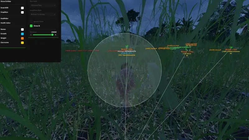 Night grass with ESP labels for players, species, corpses, and food.