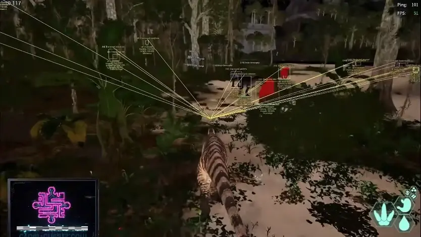 Jungle view with ESP boxes and labels for health, species, and distance.