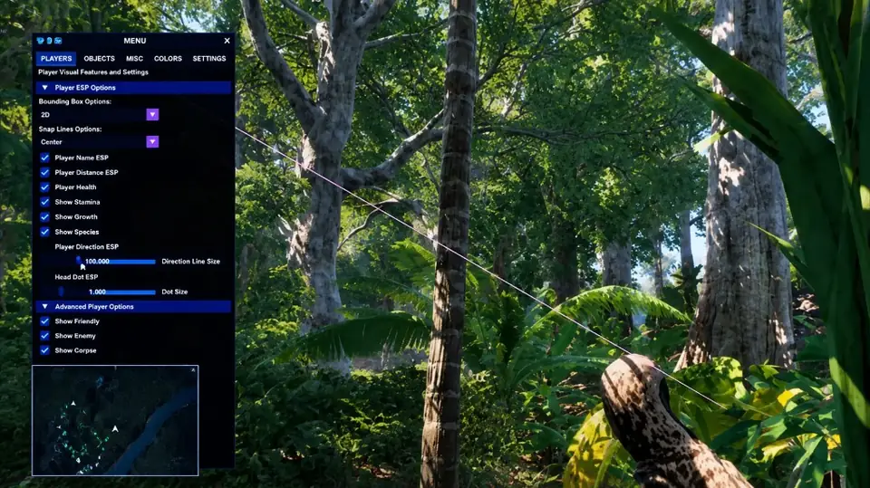 Players tab with ESP toggles for box, snapline, health, species, and a minimap.